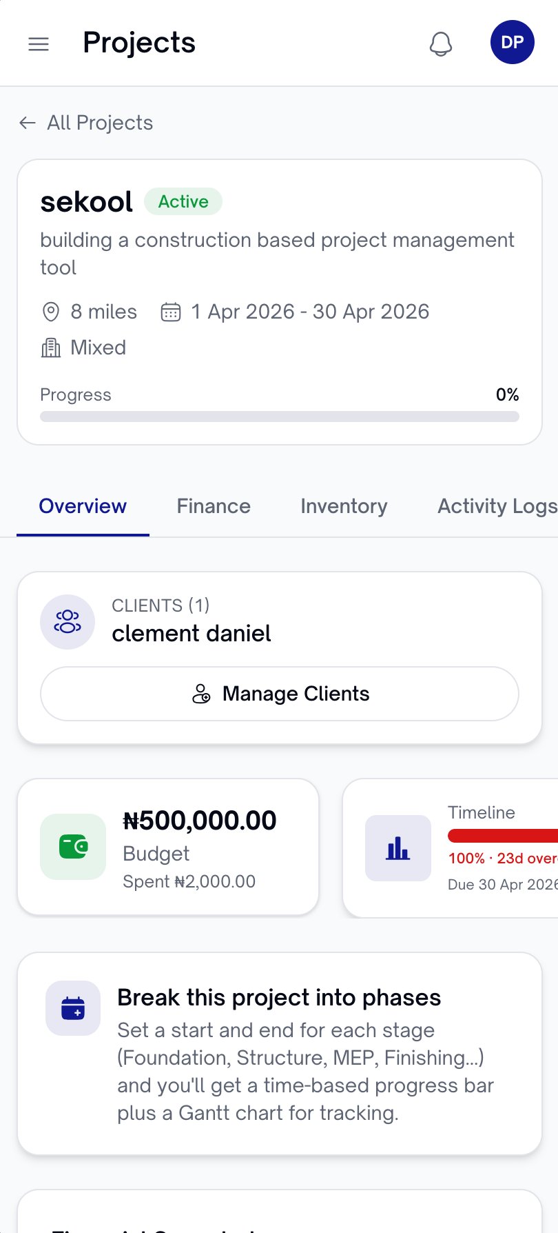 Sekkool project dashboard